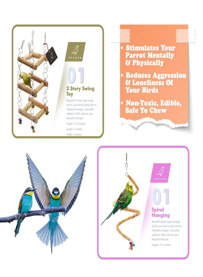 PETZOO Bundle of 10 Birds Toys Paper Shredded Foraging Chew, Swing, Mesh Toys, Perch, Spiral Hanging - Image 2
